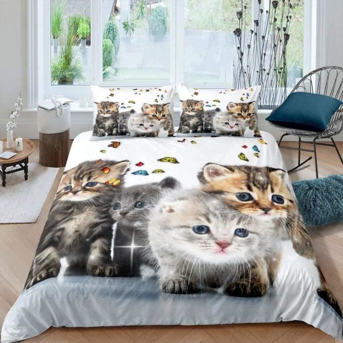 Parure De Lit 140x200 Chat Gris – Housse + 2 Taies 65x65 – Microfibre 110g, Anti-acariens, Impression 3D