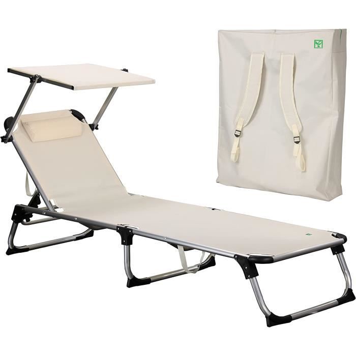 Chaise longue pliable légère en aluminium avec coussin et toit de