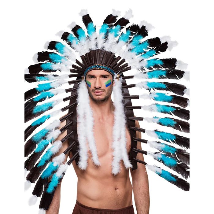 Coiffe indienne turquoise avec vraies plumes