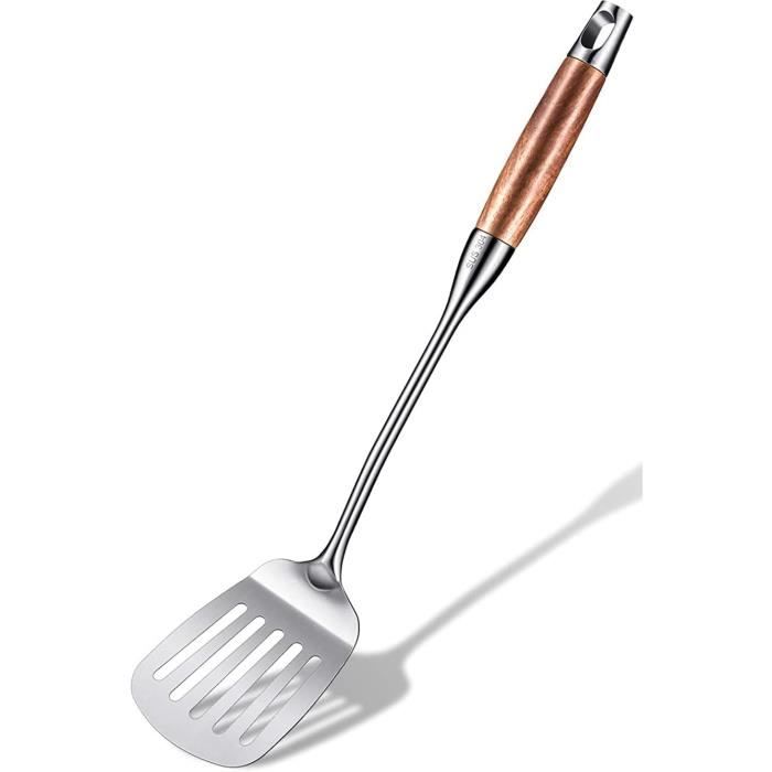 TsunNee Lot De 2 Ustensiles Cuisine Inox 304 - Spatule Wok Et Louche Soupe Avec Long Manche Bois Résistant à La Chaleur