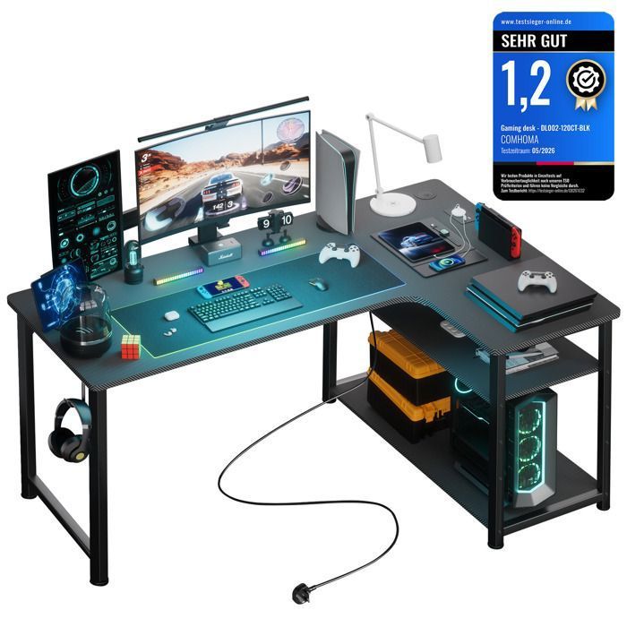 Bureau Gaming en Forme de L Bureau d’Angle avec Étagères Rangement Prise de Courant 120L*80P*74H Noir
