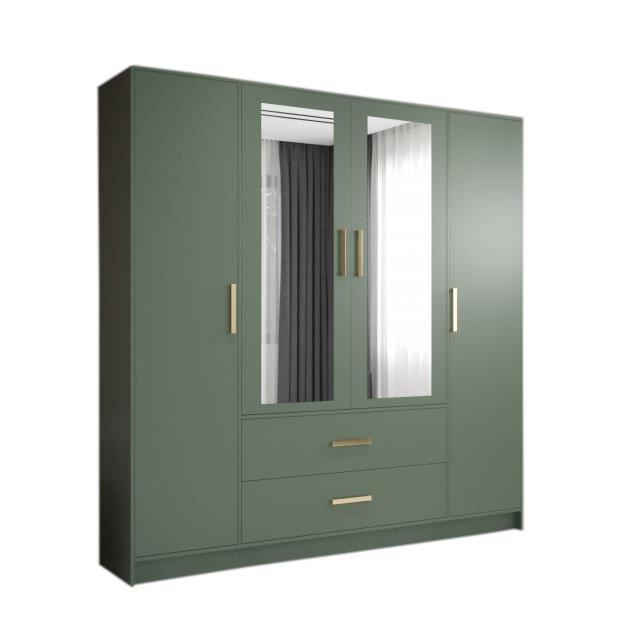 Armoire de Chambre avec miroir 4 Portes Pivotantes et 2 Tiroirs