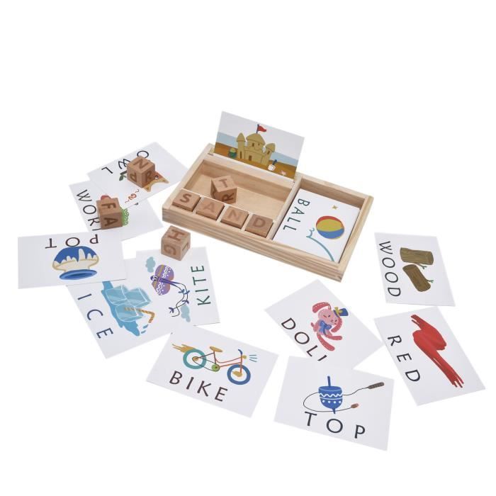 Jeux de Mots en Bois Éducatifs CVC Blocs de Lecture Montessori pour Enfants de 3 4 5 6 Ans Cartes Flash Alphabet Jouet Éducatif