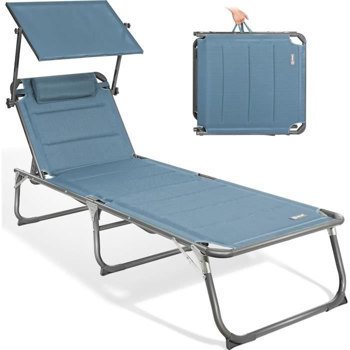 Chaise Longue XXL Bari 210 Cm Aluminium Gris – Pare-Soleil Réglable, Coussin Mousse 10 Mm, Pliante & Résistante UV
