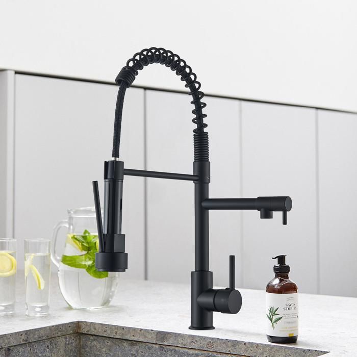 Robinet de Cuisine - Pivotant 360° - à Ressort avec Douchette - Mitigeur de Cuisine Extractible - Noir douchette à tirer