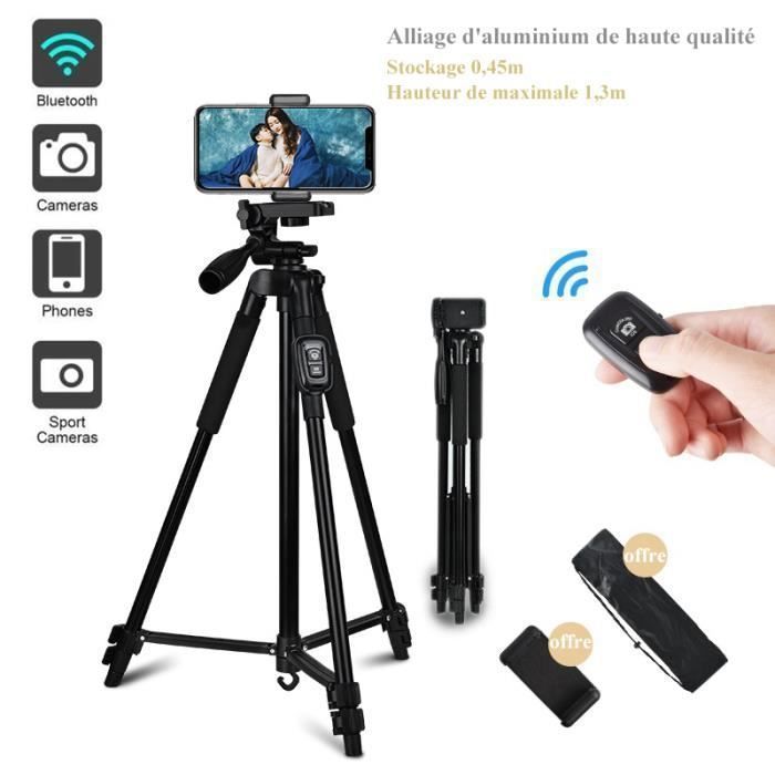 Trépied Smartphone Bluetooth 360°,Portable Trépied Caméra Téléphone 44cm - 130cm,Aluminium Léger,Poids Max 2Kg - Noir