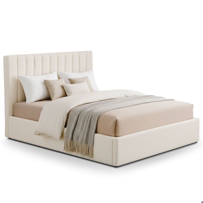 MENZZO Lit Coffre Songe + Sommier Tissu bouclette Beige 180cm - Tissu L189 x P217 x H112 cm