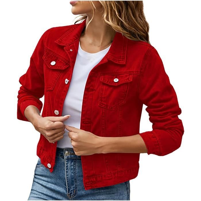 BLOUSON - PERFECTO - BOMBER Veste Jean Femme Mode Manteau en Denim A Manche Longues Slim Fit Hiver Blouson Femme Veste Rouge