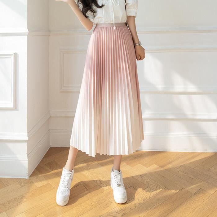 Jupe demi longueur de couleur degradee pour femme version coreenne taille haute mince plissee fluide mi longue pink D78542 Blanc Cdiscount Pret a Porter