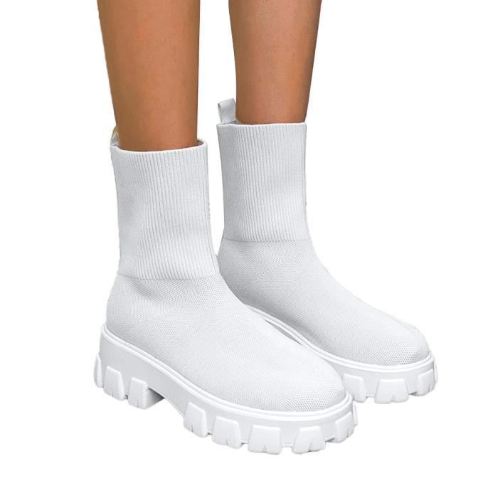 Minetom Femme Bottines Courtes Tricotees a Plateforme a Enfiler de Mode Plateau Stretch Blanc Cdiscount Chaussures