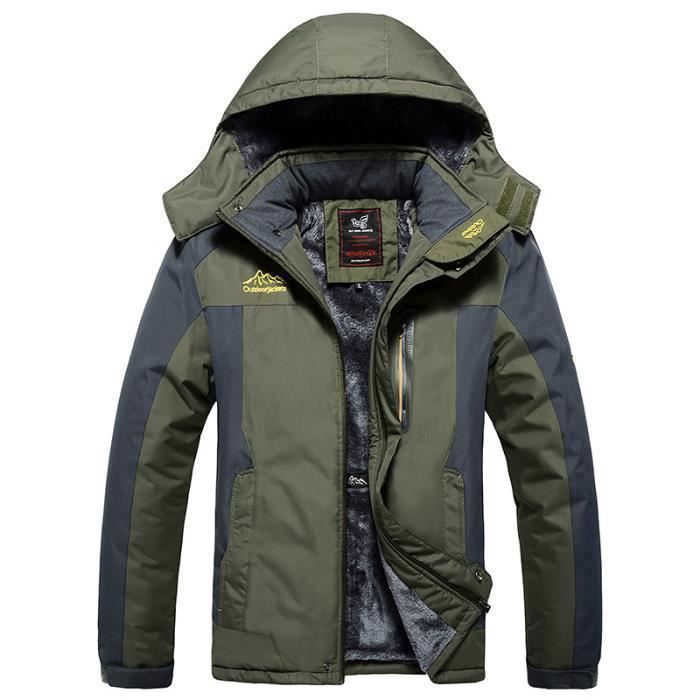 Blouson Hiver Exterieur Homme à Capuche Doublé Polaire Imperméable Pour Alpinisme Camping Randonnée - Vert