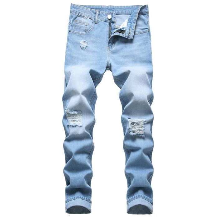 Pantalon en Jean Dechire Homme Skinny Slim Fit en Coton Denim Effet Blanchi Bleu clair Bleu clair Cdiscount Pret a Porter