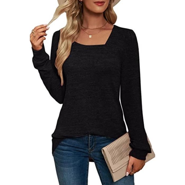 Femme Pull Col Carré Décontracté Sweater Tricoté à Manches Longues Chandail Lâche Casual
