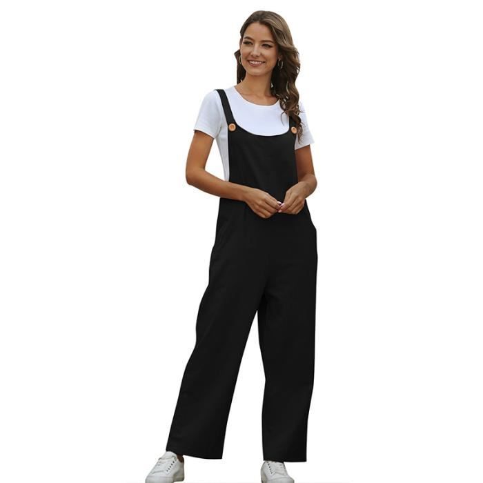 Femmes couleur unie Pantalon Salopette en Coton Combinaisons Combishort avec Poches Noir