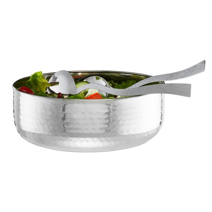 Set Saladier Inox 3 Pièces Avec Couverts à Salade 30 Cm - Bol Rond 28 Cm Argent, Lavable Au Lave-Vaisselle