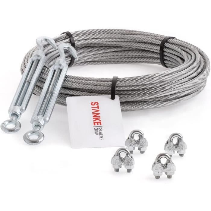 5m Câble acier galvanisé, câble acier 6mm, câble acier, 2x tendeur œil  crochet, 4x serre-câble