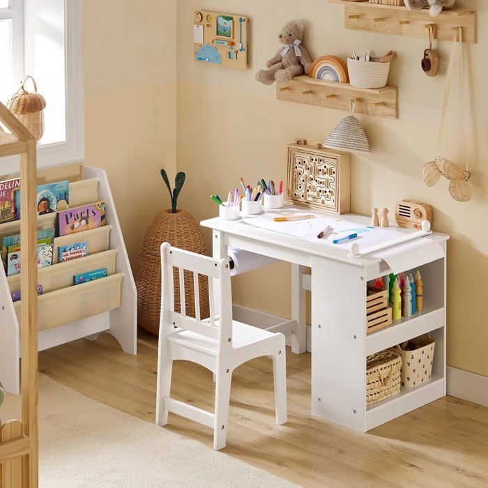SoBuy Ensemble Table et Chaise Enfant 2 Étagères avec Porte-Papier et Rangement Stylos Bureau Enfant Bois Blanc 80x54x655 cm