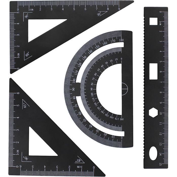 Lot De 2 équerres Triangulaires - Règle Rapporteur En Alliage - Aluminium Noir - Outil De Mesure