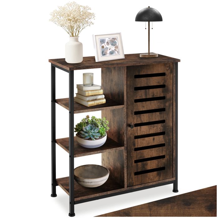 Buffet - TECTAKE - Buffet de cuisine en acier et bois avec 2 étagères réglables et portes magnétique 71 x 32 x 82 cm - Bois foncé