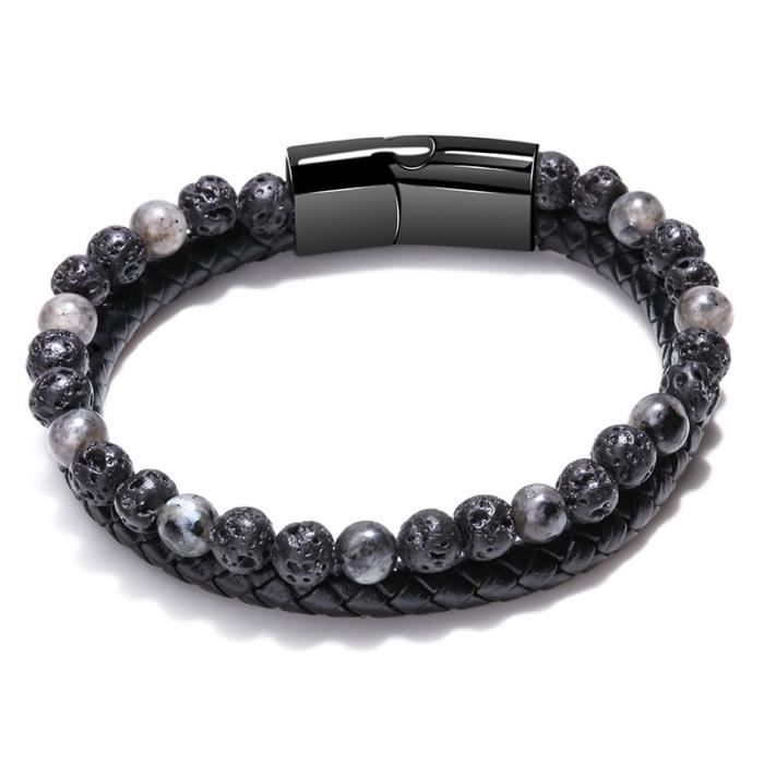 Genac Bracelet Homme Perles Pierre Naturelle Et Cuir - Fermoir Magnétique Réglable - Poignet 18-22cm