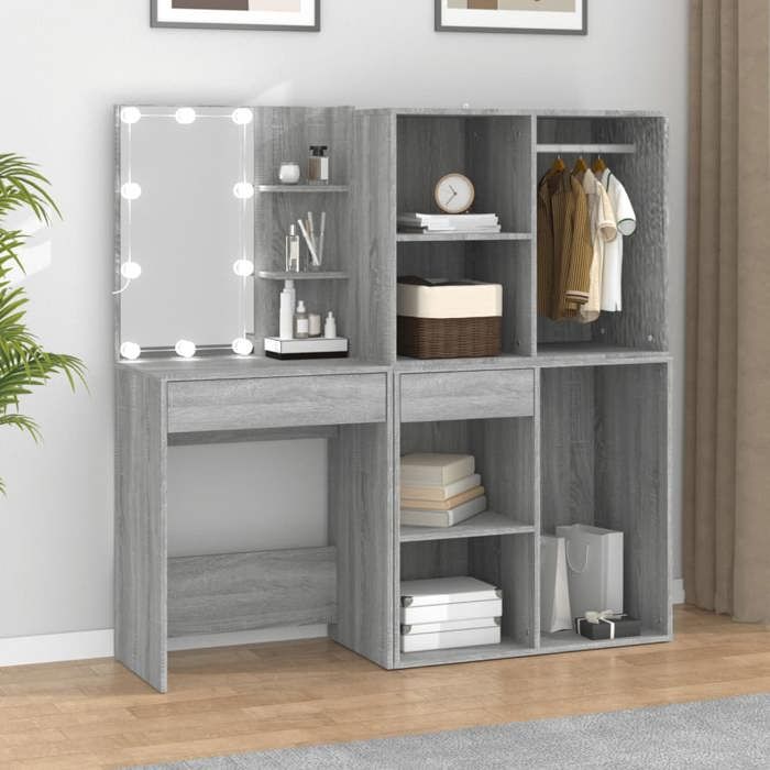 VidaXL Coiffeuse à LED avec Armoire Table Cosmétique Coiffeuse de Maquillage Table à Bijoux Chambre à Coucher Chêne Sonoma 3082020 - Maison