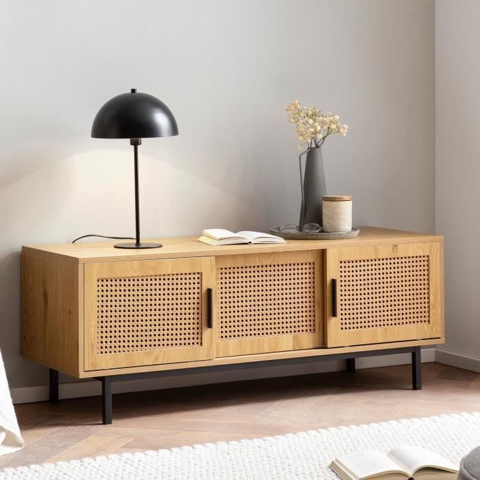 WOHNLING Meuble TV 120 cm Aspect Chêne Lowboard Rotin Panneau de Télévision WOHNLING Meuble TV 120 cm Aspect Chêne Lowboard Rotin Panneau de Télévision