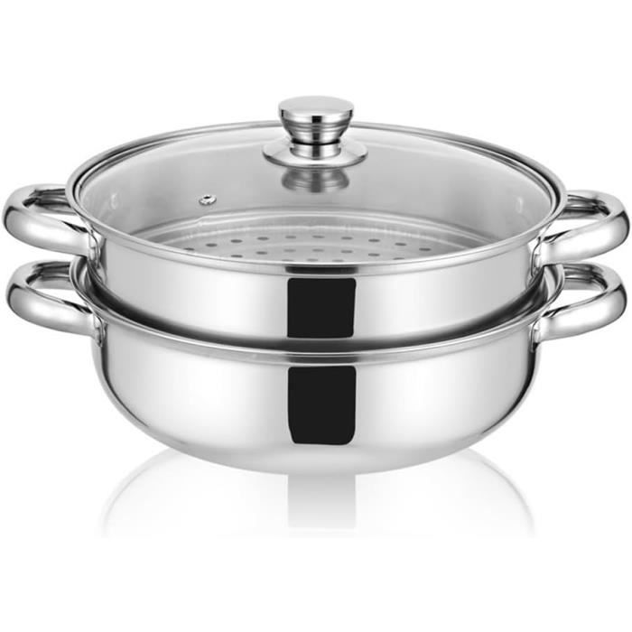 Cuisinière Vapeur 3 étages En Inox - 28 Cm, Compatible Induction Et Gaz, Avec Couvercle Verre - 12