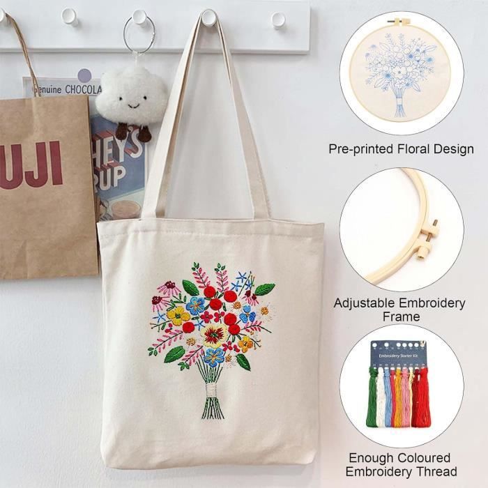KABAKE Kit de broderie pour sac fourre-tout en toile, DIY, sac estampillé, fils et outils de broderie (noir avec tournesol