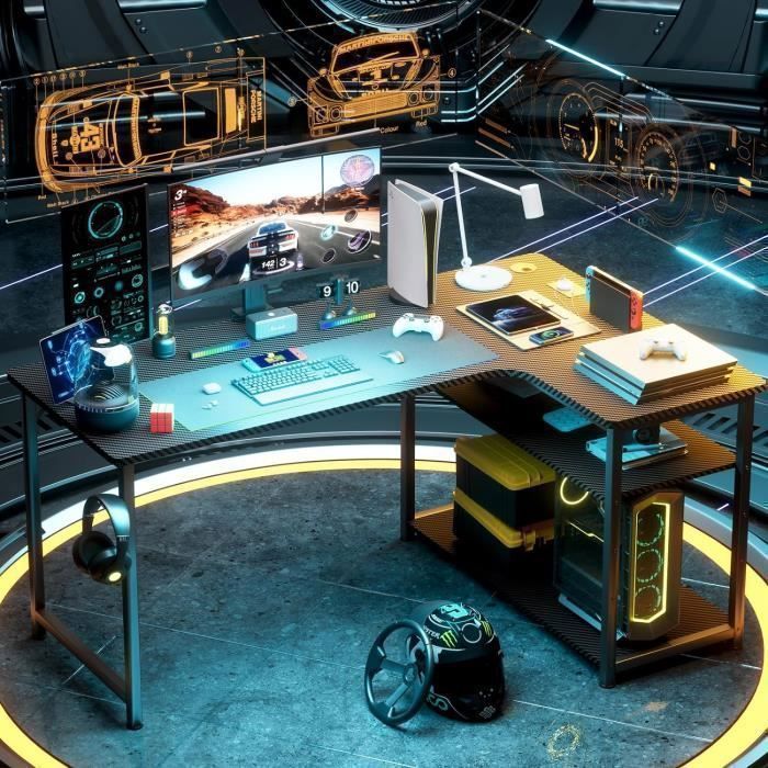 Bureau Gaming En Forme De L Marron - Étagères Rangement - Port De Charge USB - Prise De Courant