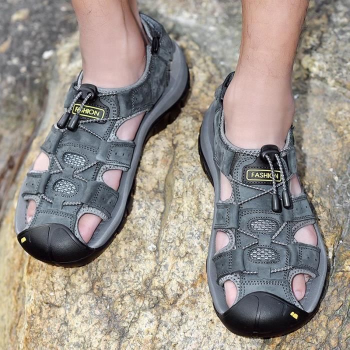 Moodeng Sandales Homme Cuir D'été Fermé Sandales De Plage Sportives De Randonnée Pour Hommes