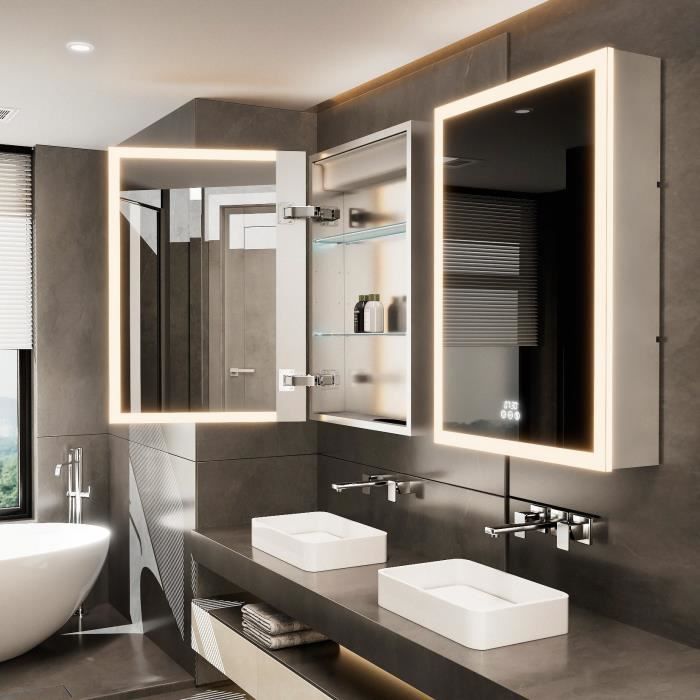 Armoire Miroir Salle de Bain avec Éclairage LED Armoire Toilette Mural avec  Rangement Meuble Miroir 50x13.5x70cm - Cdiscount Maison