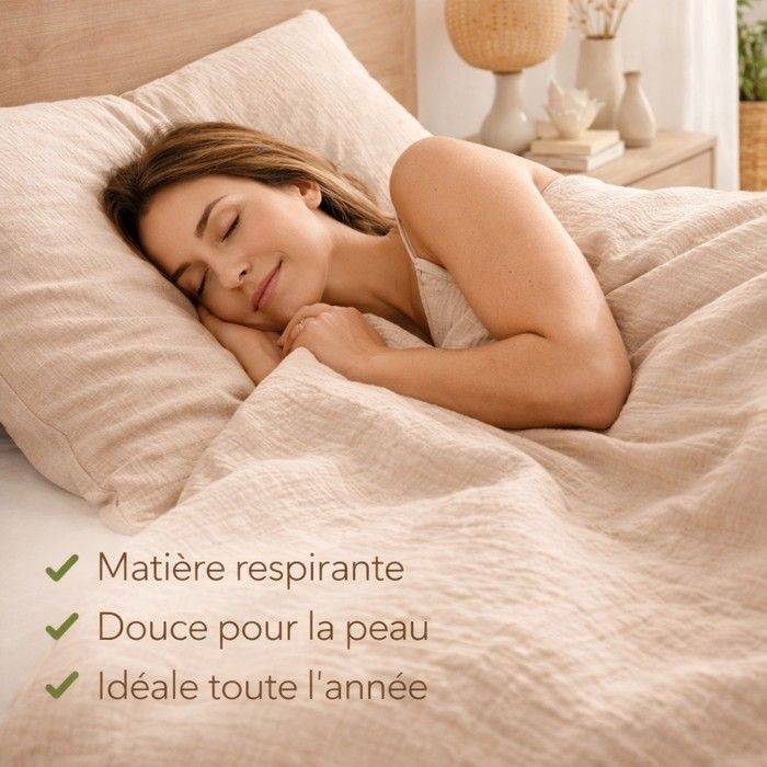 Parure De Lit Gaze Coton KGS 220x240cm - Housse Couette + 2 Taies - Sable - Lavable Machine