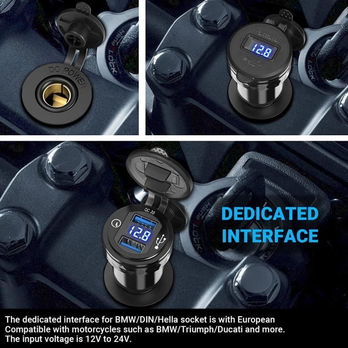 Prise USB-C Moto Double Port 30W PD + 18W QC - Voltmètre Intégré - Compatible Prise Hella/DIN 12V-24V - Pour BMW, Ducati, Triumph