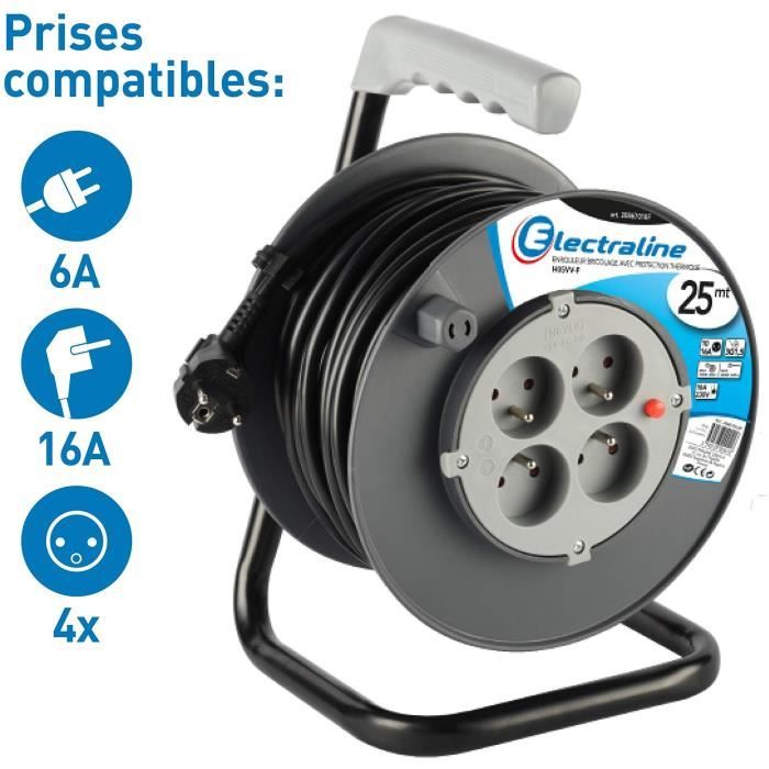 Enrouleur Cable Electrique H07BQ-F 3×2,5 Rallonge électrique Avec Bloc Prises Professionnelle 20m