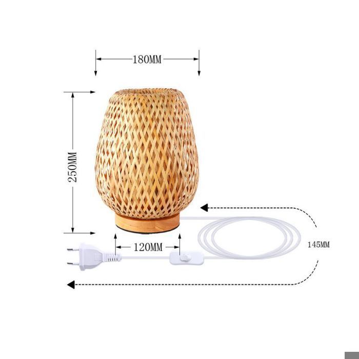 Lampe De Chevet Bambou Tressé - Abat-Jour Main - Base Bois - Ampoule E27 - Style Bohème