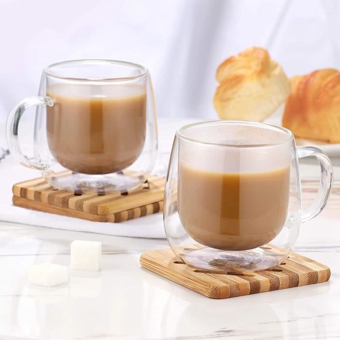 CMXING Tasse Double Paroi Verre, Mug Verre Café Borosilicate avec Poignée  pour thé, Cappuccino, Lait, Jus, Set de 2 (300ml) : : Cuisine et  Maison