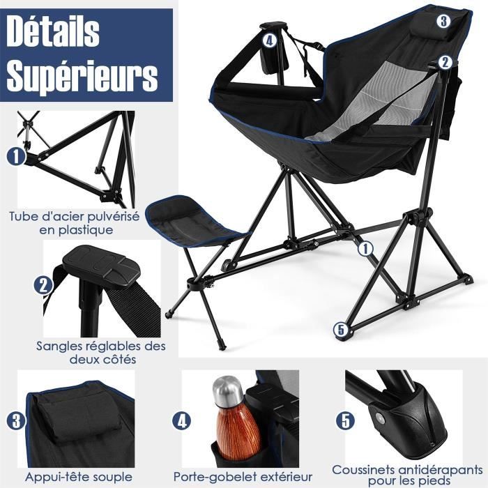 COSTWAY Chaise Camping Pliante 2-en-1 Avec Repose-Pieds - Dossier Réglable 90°/135°, Porte-Gobelet, Sac Isotherme - Charge 150 Kg