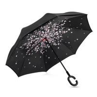 Parapluie Canne Parapluie Inversé Double Couche Coupe-Vent Mains Libres poignée en forme C Noir Gouttes de Pluie pour Voiture