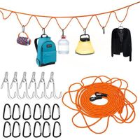 Corde à linge de camping en plein air avec 12 crochets robustes et 6 pinces à linge pour suspendre le matériel de camping