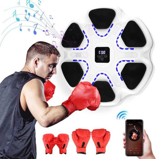Machine De Boxe Musicale Intelligente Bluetooth – 9 Modes De Vitesse, Gants Adultes Et Enfants, LED, Montage Mural – Blanc