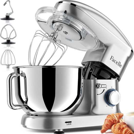 Robot Pâtissier 1500W 6,5L Multifonction - 6 Vitesses + Pulse, Crochet Pétrisseur, Batteur, Fouet, Faible Bruit