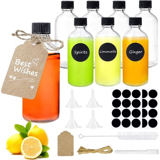 24 Mini Bouteilles Verre 60ml Réutilisables Avec Bouchons Noirs - Kit Entonnoirs, Étiquettes Et Brosse