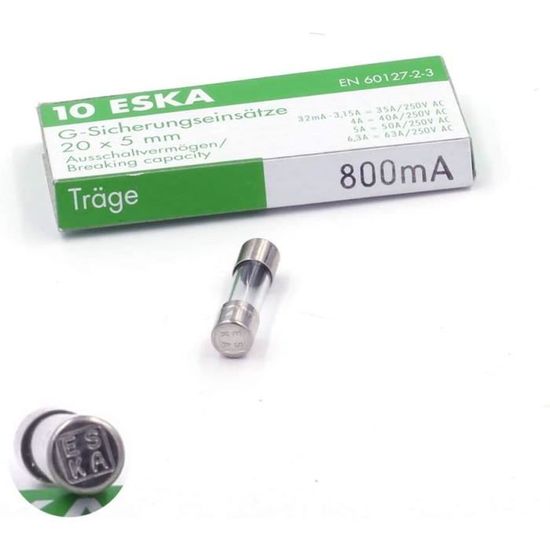5 fusibili temporizzati (T) in vetro 400 mA / 250 V AC 6,3 x 32 mm