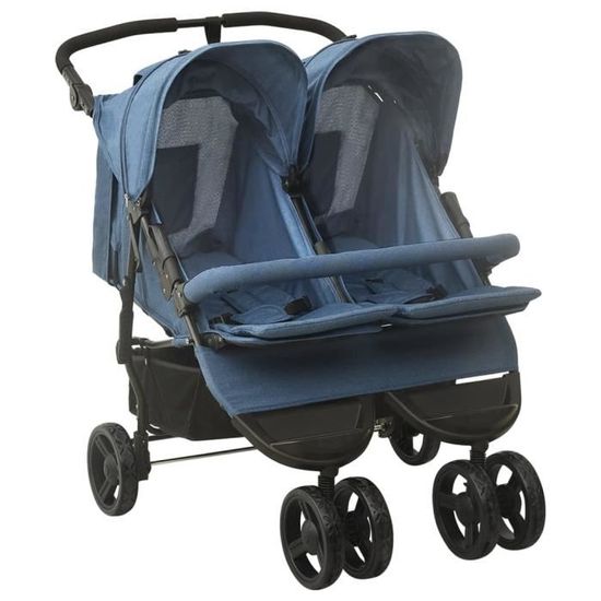 Poussette Double Bleu Marine - 2 Places, Acier Et Lin - Pliable, Auvent UV - Rangement Bas - Pour Jumeaux Ou 2 Enfants