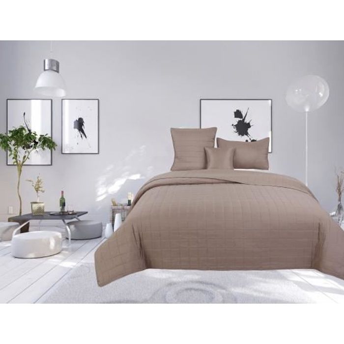 Couvre lit boutis matelassé 4 pièces uni -piquage Carreaux- Taupe
