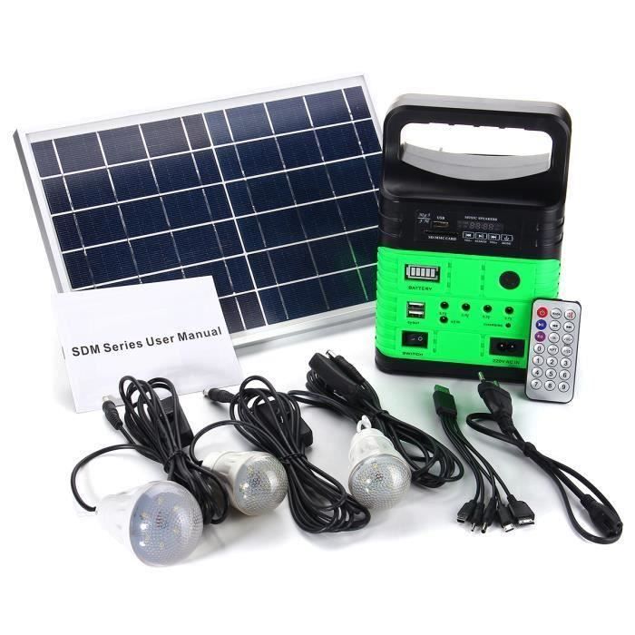 Kit Système Générateur Solaire Panneau 10W 6V + 3 Ampoules USB Chargeur Pr Téléphone Camping Extérieur Vert L56731
