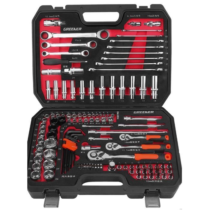 Boite à Outils de voiture 128 Pièces Outils de réparation en Acier Chrome Vanadium (Clés à Cliquet + Douilles) - 4S