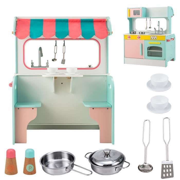 COSTWAY Cuisine Enfants à 2 Face en Bois 71 X 53 X 91 CM - 8 Accessoires pour Tout-Petits de 3 Ans+