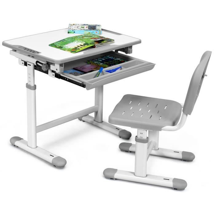 GIANTEX Ensemble Bureau et Chaise pour Enfant avec Hauteur Réglable et Design Ergonomique pour Apprendre Lire Dessiner, Gris