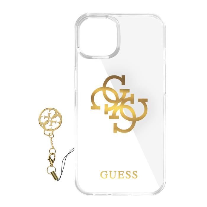 Coque iPhone 13 Bi-matière 4G Charms Guess Transparent Logo doré Blanc